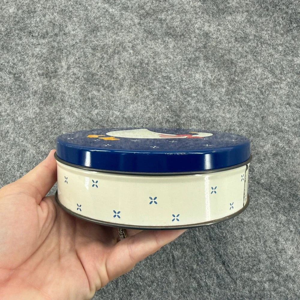 Vintage Goose Duck Cookie Tin Round Blue White Farmhouse Decor 6.5in Trend 80 90